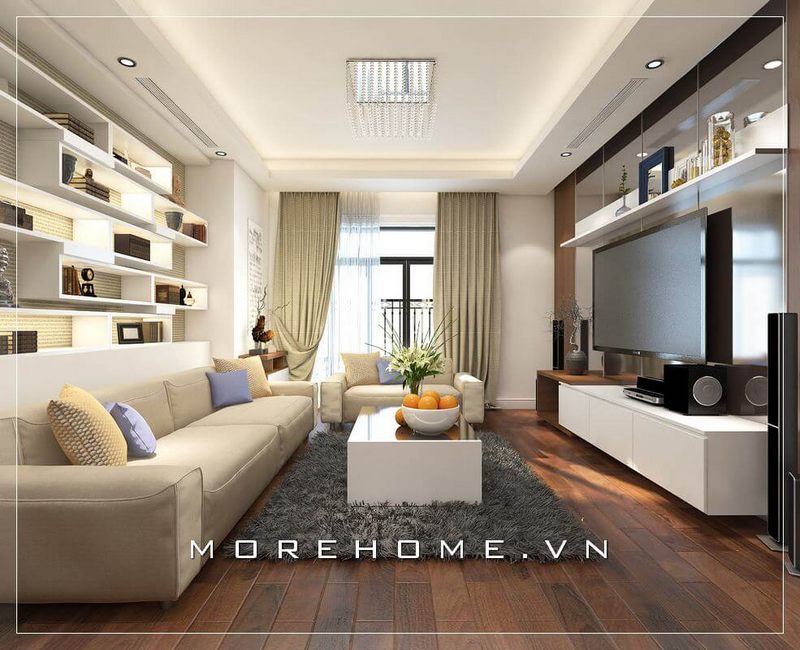 Mẫu kệ tivi liền kệ trang trí gỗ công nghiệp màu trắng với thiết kế độc đáo, tạo môi trường hứng thú cho không gian phòng khách hiện đại