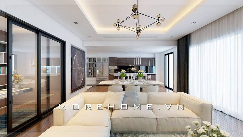 Khó cưỡng lại vẻ đẹp tinh tế sang trọng của thiết kế sofa góc hiện đại với vỏ bọc trắng tinh tế giữa phòng khách căn hộ chung cư.
